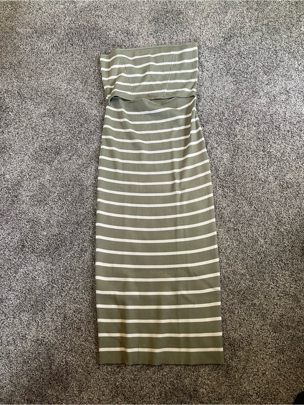 Olive Green and White Strapless Midi Dress
